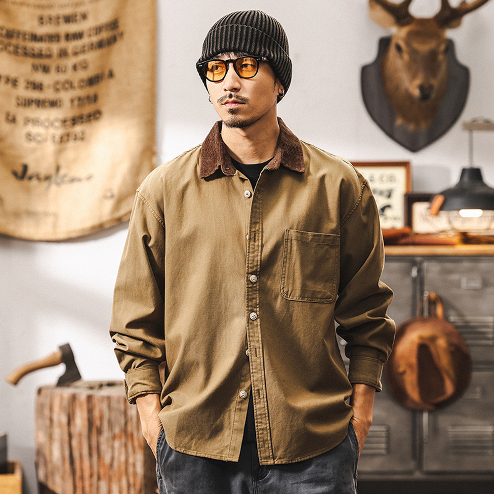 Рубашка мужская хлопковая с накладным карманом и воротом другого цвета из Lyocell Tencel