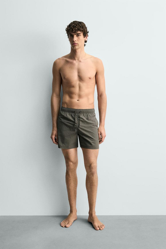 ZARA ПЛАВКИ ИЗ ЖАТОЙ ТКАНИ В МЕЛКУЮ ПОЛОСКУ, ХАКИ