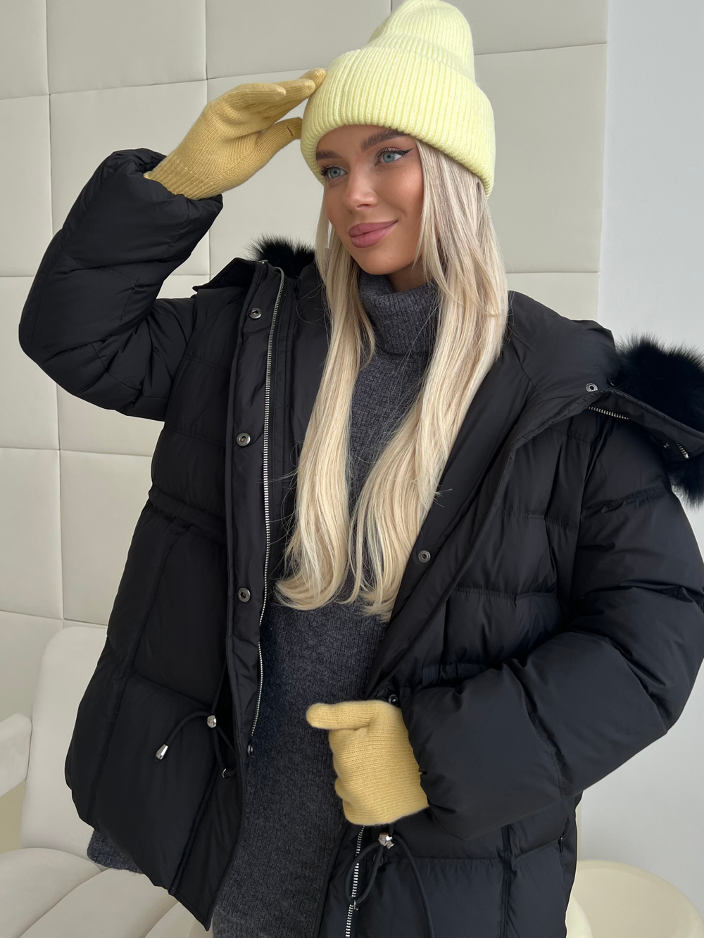 Пуховик Fresh миди с кулиской черный