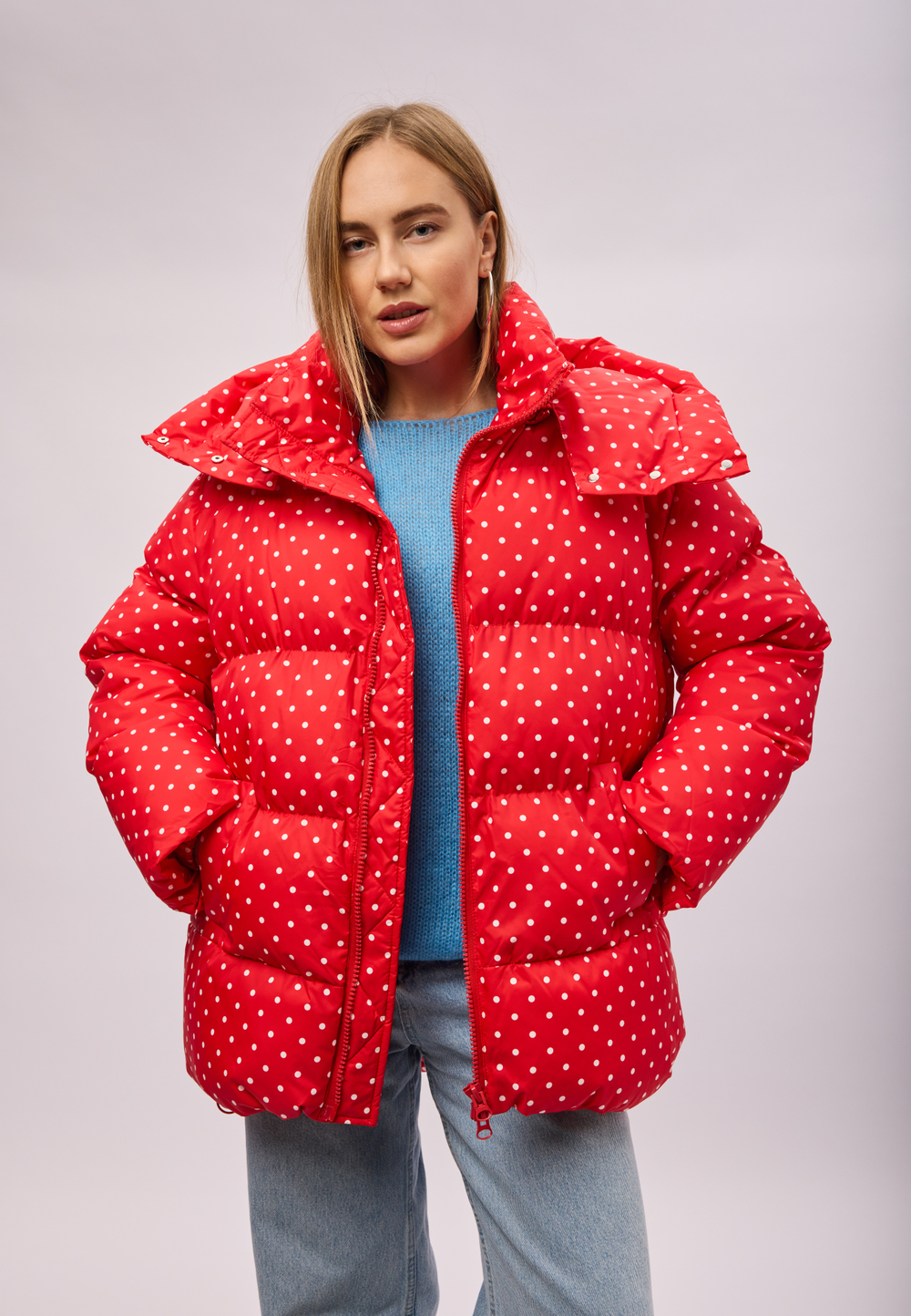 Пуховик Рокет миди красный в горох