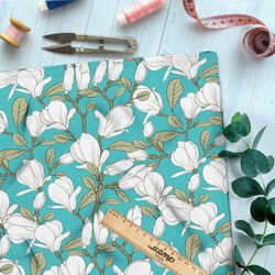 Ткань ниагара белые бутоны на бирюзовом фоне