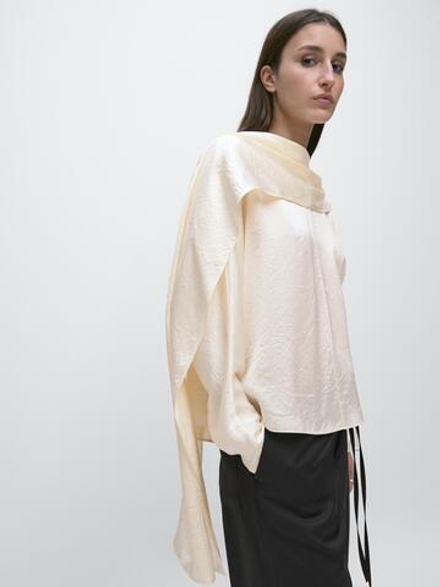 Massimo Dutti Блузка с драпировкой, натуральный/кремовый