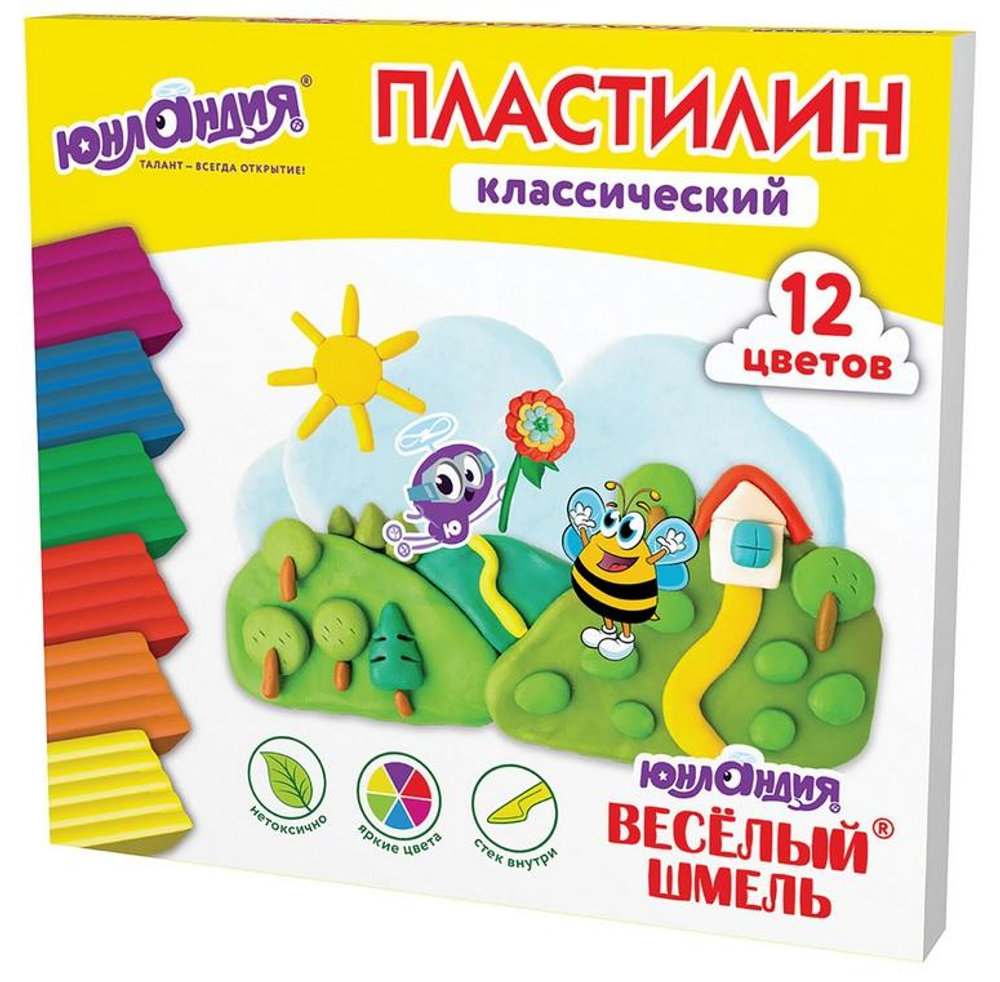 Пластилин классический 12 цветов 240г,со стеком "ВЕСЁЛЫЙ ШМЕЛЬ"(ЮНЛАНДИЯ)