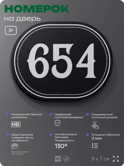 Номерок на дверь квартиры 654, для кабинета, офиса, шильдик 9 х 7 см, черный, Айдентика Технолоджи