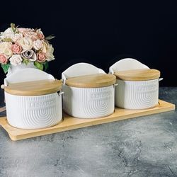 Lenardi 140-085 Набор из 3 банок 420 мл с ложками на подставке BAMBOO в под.уп.(х8)Фарфор,бамбук