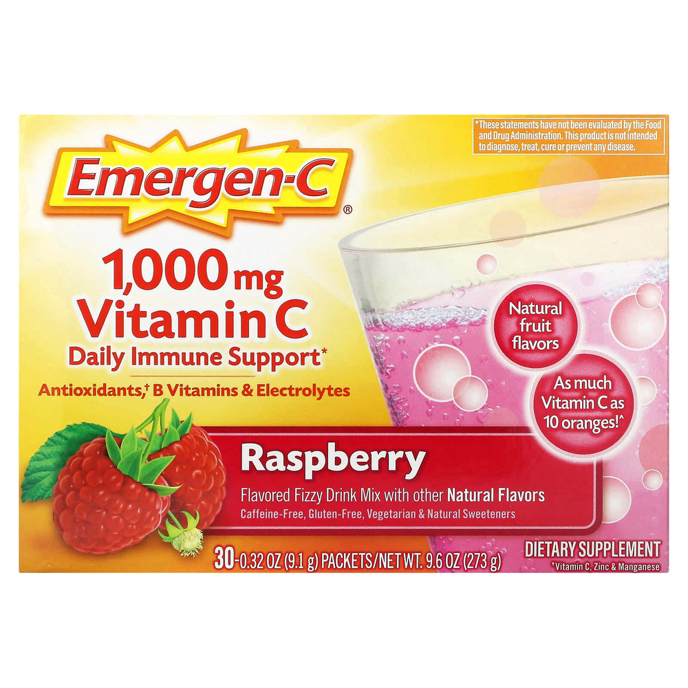 Emergen-C, витамин C, малина, 1000 мг, 30 пакетиков по 9,1 г (0,32 унции)