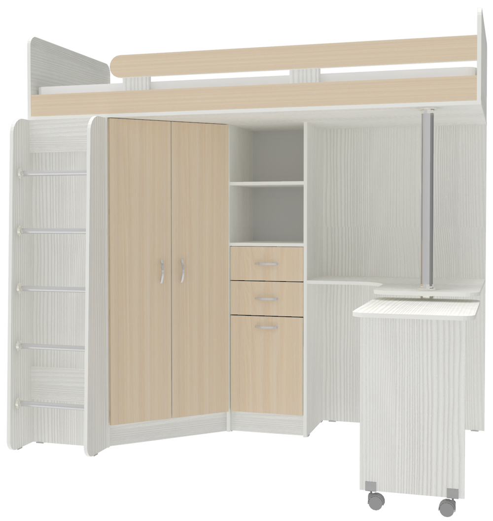 Кровать-чердак КарИВи Юниор 3 с металлической лестницей Белое Дерево  Дуб Молочный