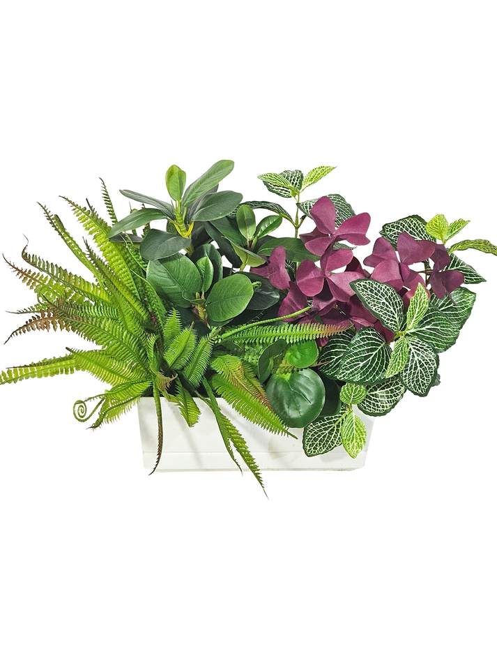 Искусственная зелень папоротник с кислицей 35см в белом балконном ящике