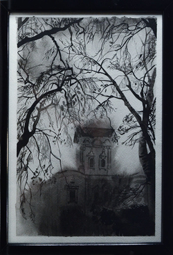 Шахматов Л.А  Симонов монастырь Тушь, бумага. 2018. Оформлено в раму. Размер 32,3х23,5 см