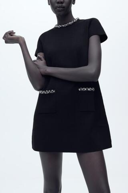 ZARA ТРИКОТАЖНОЕ МИНИ-ПЛАТЬЕ С БУСИНАМИ И СТРАЗАМИ, ЧЕРНЫЙ