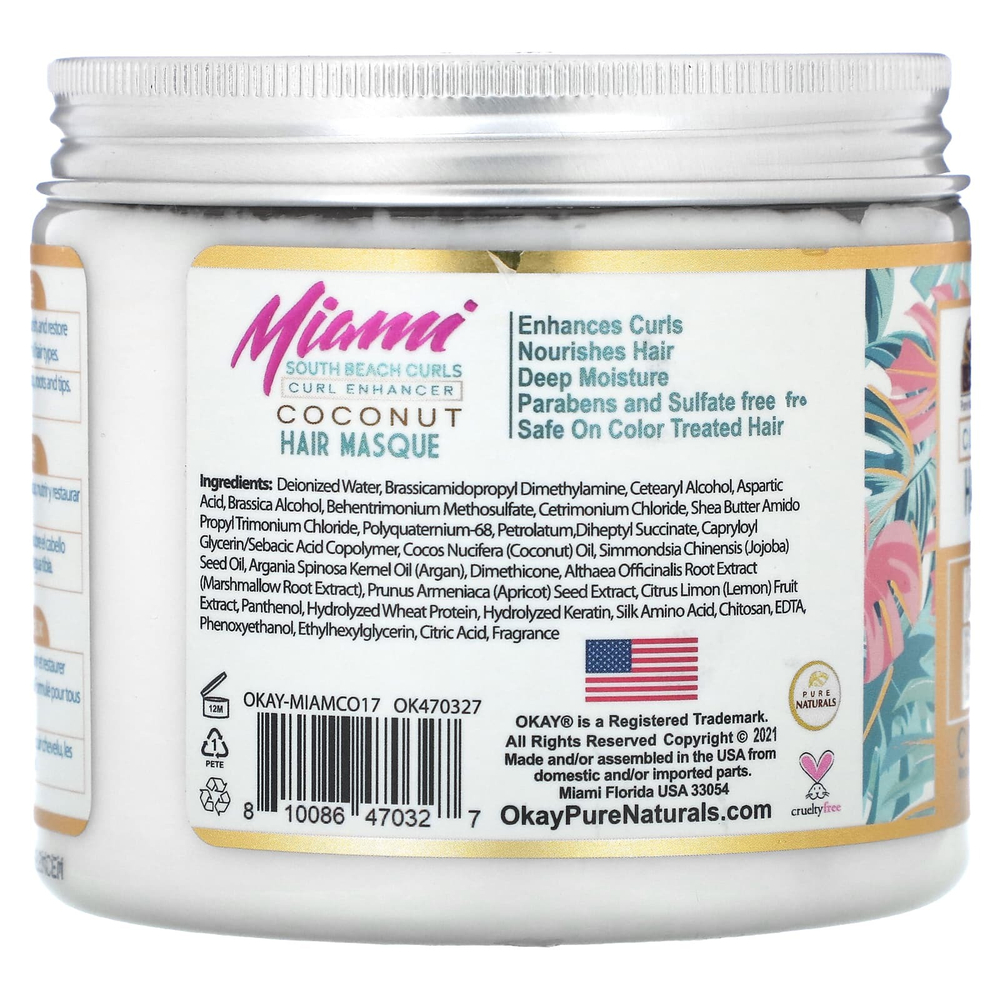 Okay Pure Naturals, Miami South Beach Curls, Curl Enhancer, маска для волос, кокос, 482 г (17 унций)