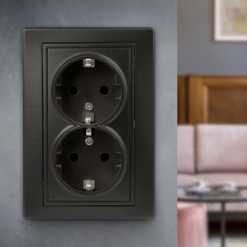 Розетка Intro Plano 1-205-05 с заземлением двойная 2X2P+E Schuko, 16А-250В, IP20, СУ, антрацит
