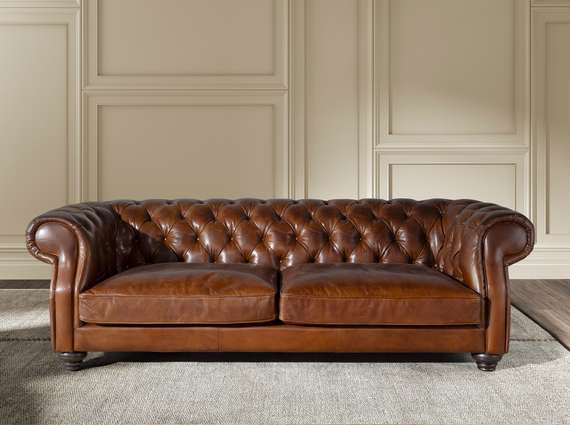 Диван Chester 3-местный из коньячно-коричневой кожи, модель 6228