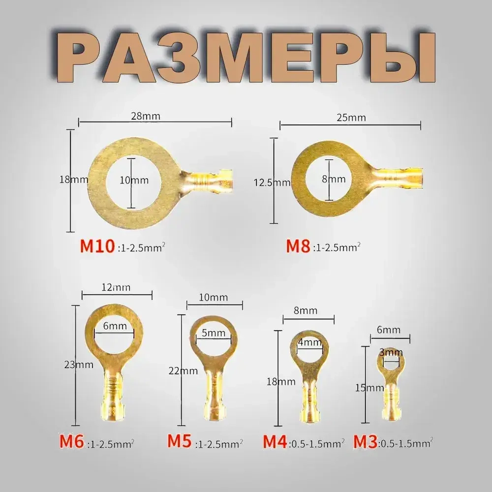 Кольцевые наконечники M3/M4/M5/M6/M8/M10, набор медных клемм для проводов 150шт.