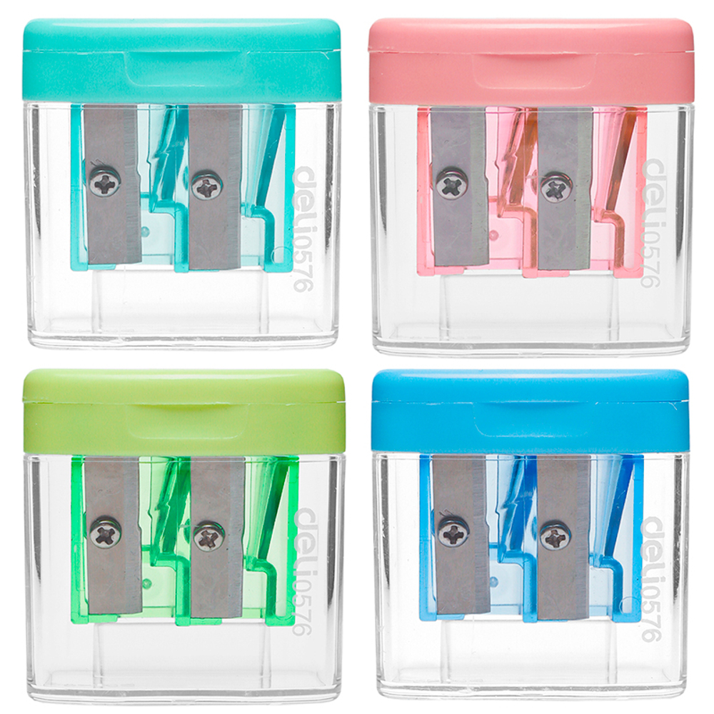 Точилка DELI "Comiko", пластиковая, 2 отверстия, с корпусом, ассорти