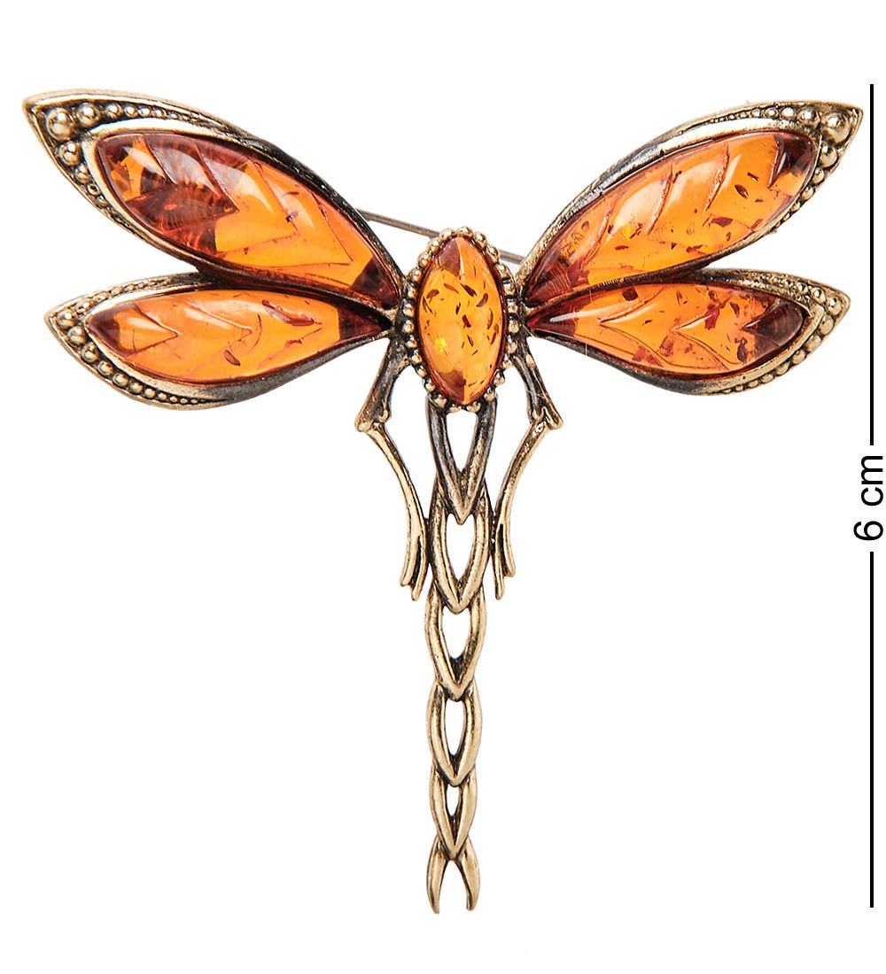 AM-2396 Брошь «Стрекоза Ероха» (латунь, янтарь)