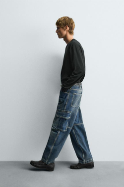 ZARA ДЖИНСЫ-КАРГО ПРЯМОГО КРОЯ, ВЫЦВЕТШИЙ СИНИЙ