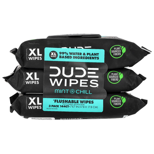 Dude Products, Flushable Wipes, XL, Mint Chill, 3 Pack, 48 Wipes Each