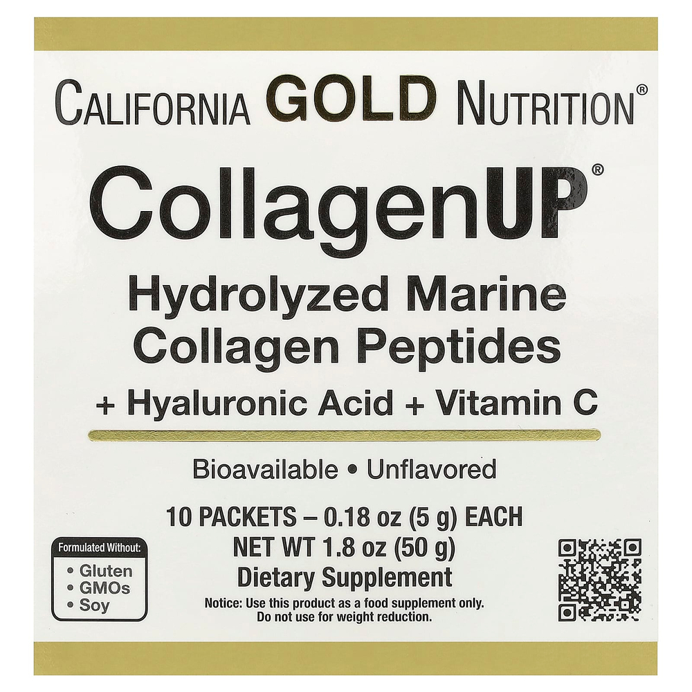 California Gold Nutrition, CollagenUP®, гидролизованные пептиды морского коллагена с гиалуроновой кислотой и витамином C, с нейтральным вкусом, 10 пакетиков по 5 г (0,18 унции)