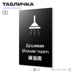 Табличка Душевая, на дверь и стену, информационная и мультиязычная (русский, английский, китайский), серия GLOBAL, 25х15 см, Айдентика Технолоджи