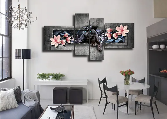 Модульная картина "Пантера и цветы"