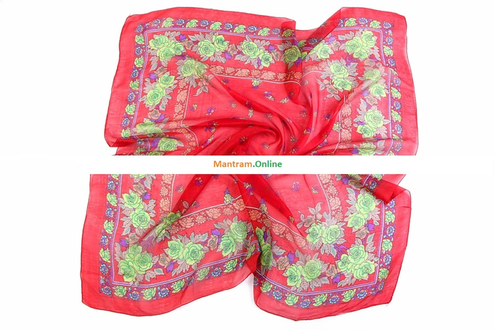 Платок материал Шелк 100% "Букеты роз" зеленый фиолетовый бежевый оранжевы на красном с красном каймой 100x100см.