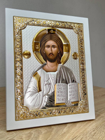 Спаситель, икона прямоугольная с рамкой, белое дерево 150х190