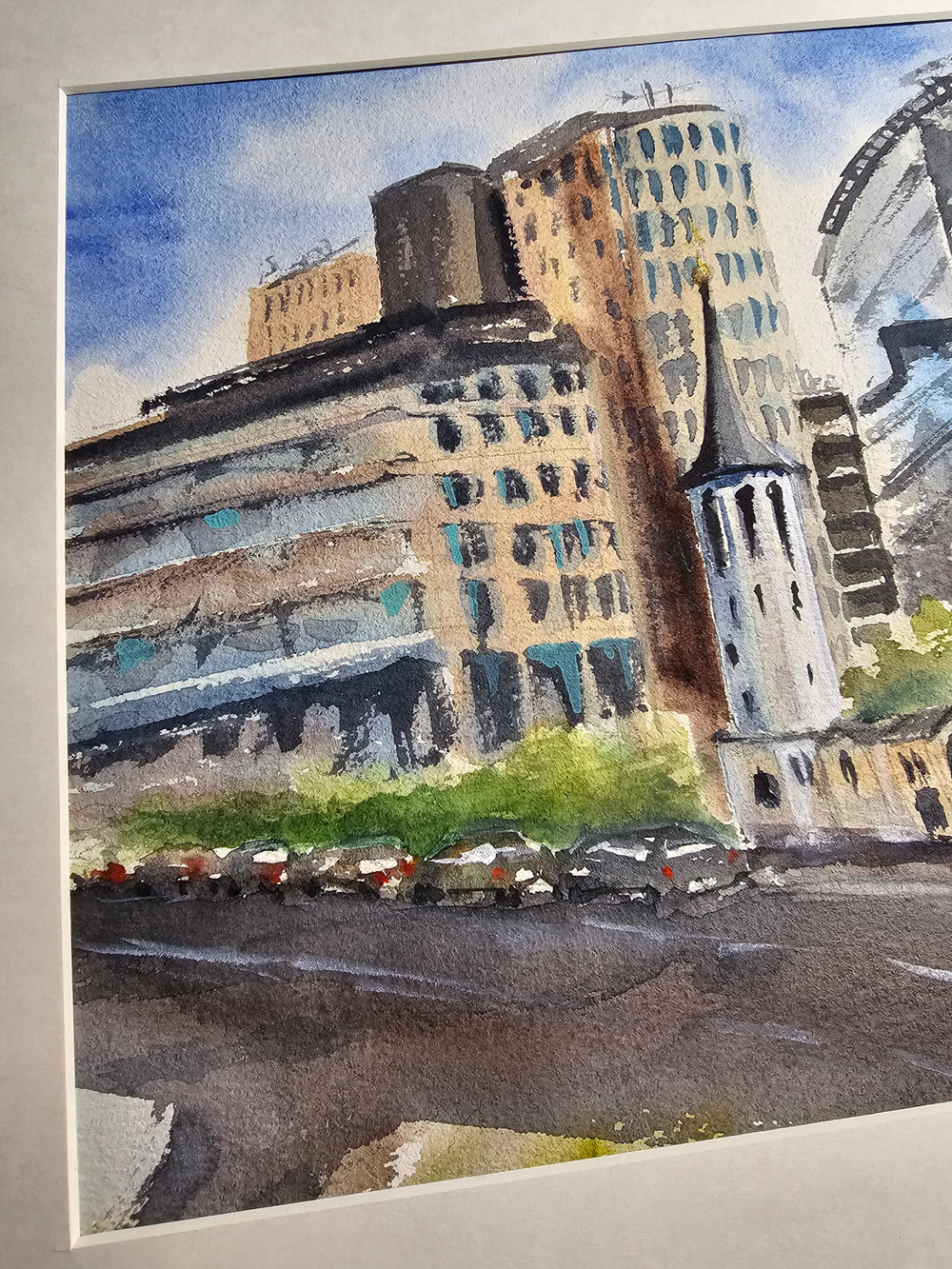 Картина авторская акварельная в паспарту 30х40 см на стену для интерьера "Белая площадь"