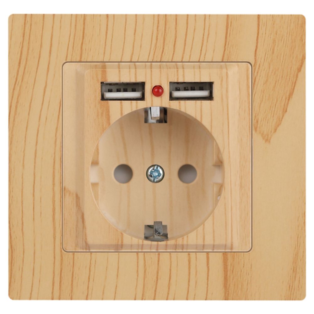 Розетка Intro Accent 6-410-11 , P+E Schuko со шторками, 16А-250В + 2хUSB, IP20, СУ, сосна