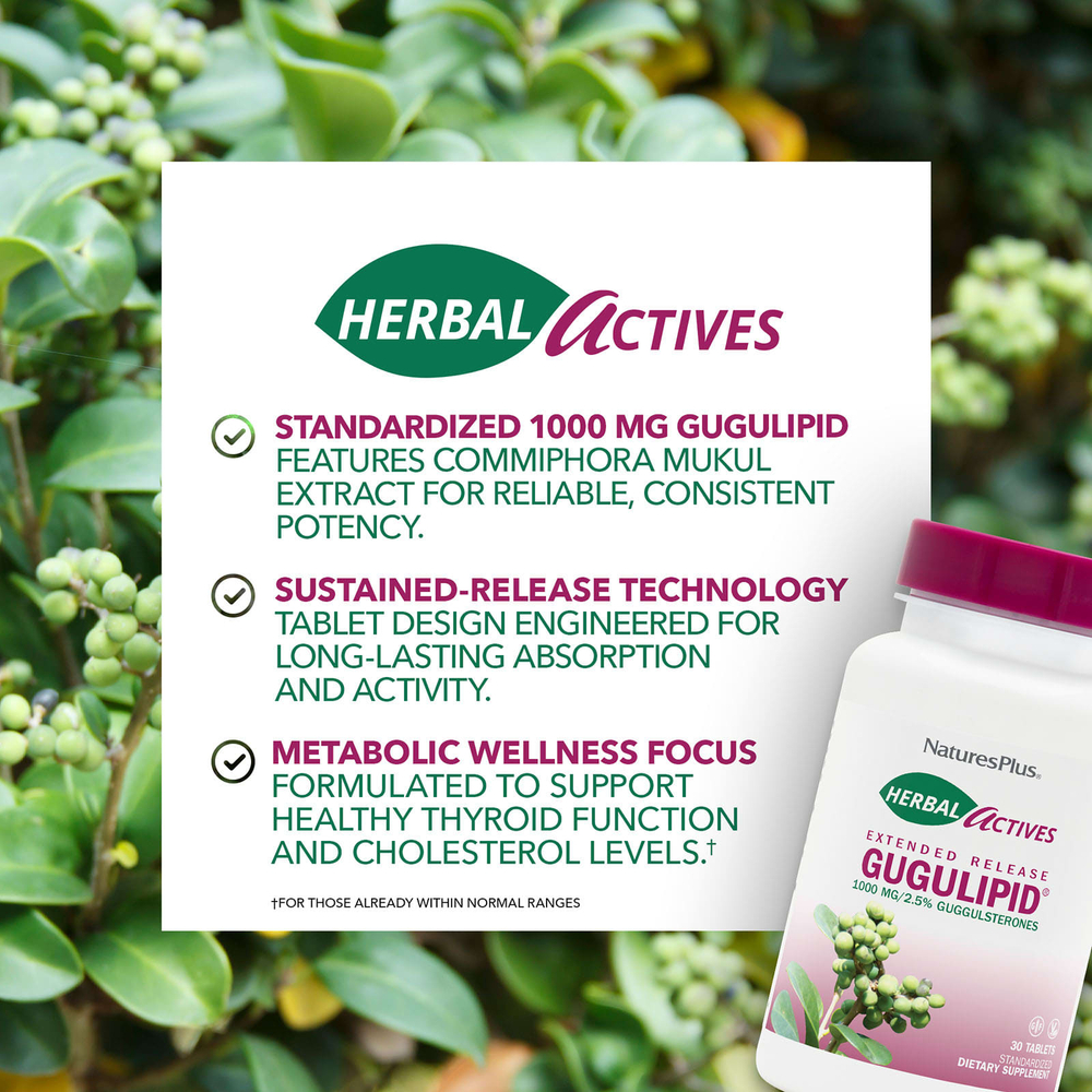 NaturesPlus, Herbal Actives, Gugulipid®, с замедленным высвобождением, 1000 мг, 30 таблеток