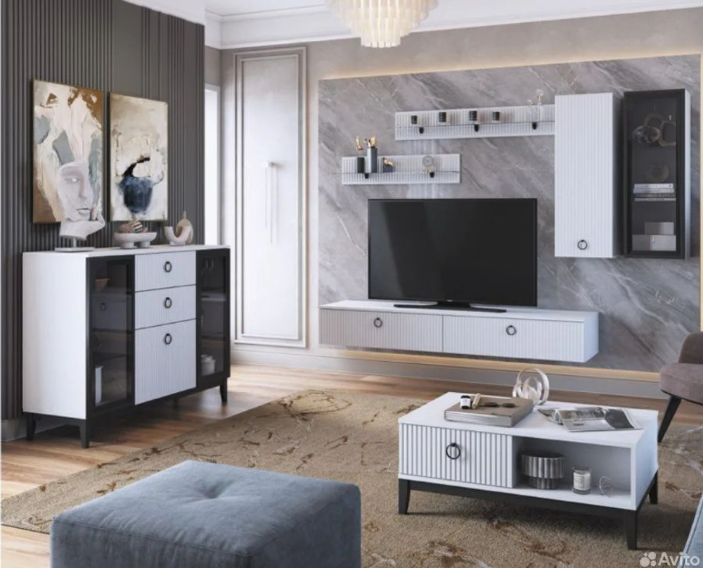 Тумба под телевизор подвесная Белое сияние/Белый бриллиант , Шарлиз, 180х44,6х25 см