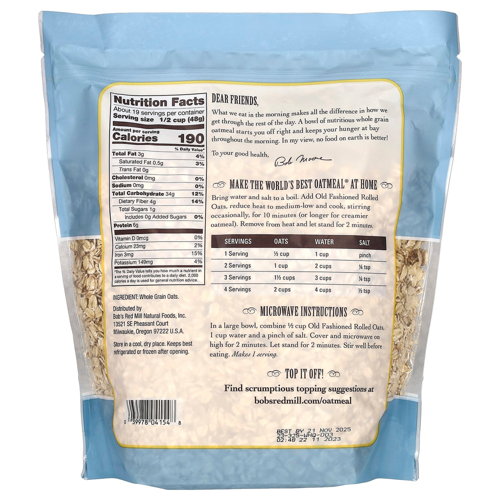 Bob's Red Mill, Old Fashioned Rolled Oats, цельнозерновые, 907 г (32 унции)