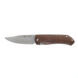 Фото недорогой стальной складной нож с серебристым клинком 77 мм и коричневой деревянной рукояткой Stinger FB634 в чехле и коробке