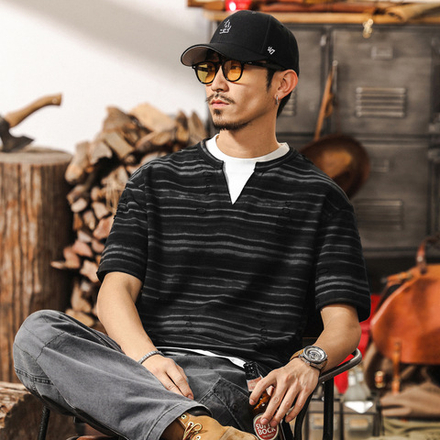 Футболка двойная обманка с разрезом, полосатая