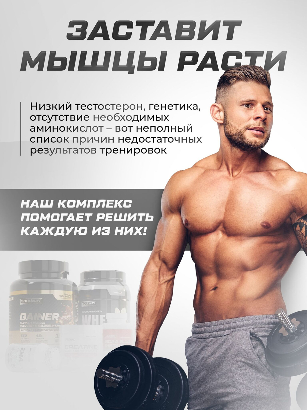 Полный набор для наращивания мышечной массы Гейнер + Протеин + Креатин + BCAA + ZMA