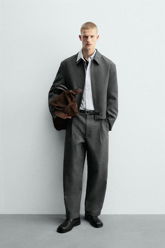 ZARA БРЮКИ BALLOON FIT С ЗАЩИПАМИ, СЕРЫЙ МЕЛАНЖ