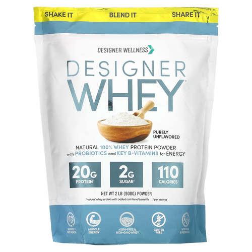 Designer Wellness, Designer Whey, натуральный 100%-ный сывороточный белок, чистый без вкуса, 908 г