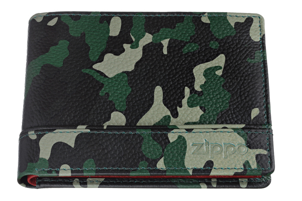Качественное горизонтальное мужское портмоне зелёно-чёрный камуфляж из высококачественной натуральной кожи ZIPPO 2006051