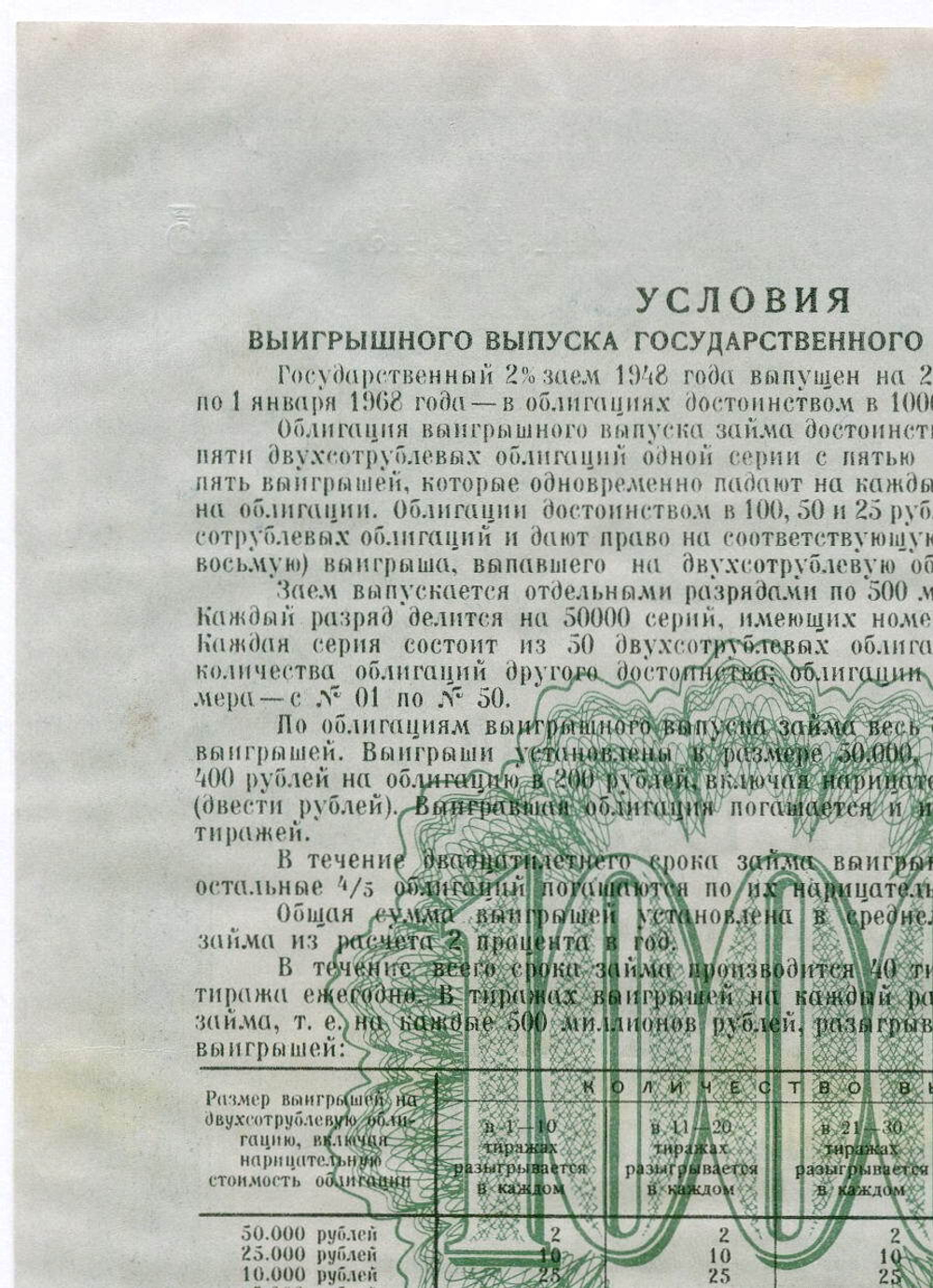 Облигация 1000 рублей 1948 год. 2% заем - выигрышный выпуск. Серия № 041265. VF-XF (Редкий номинал!)