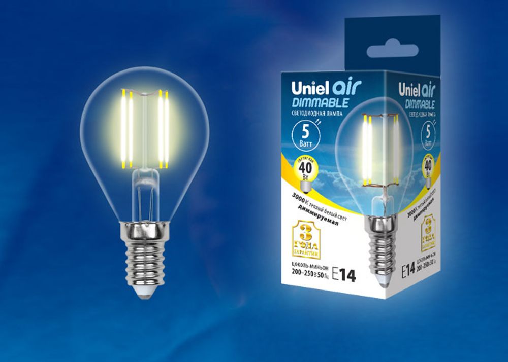 LED-G45-5W/WW/E14/CL/DIM GLA01TR Лампа светодиодная диммируемая. Форма шар, прозрачная. Серия Air. Теплый белый свет (3000K). Картон. ТМ Uniel
