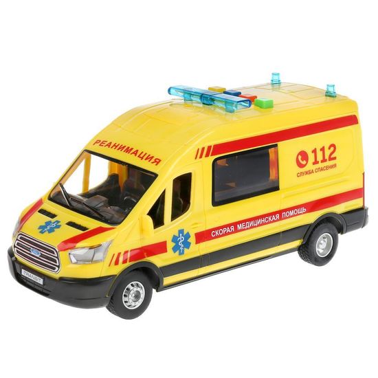 Машина пластик свет-звук FORD TRANSIT РЕАНИМАЦИЯ 22,5см, двери, 4 кноп, кор. Технопарк