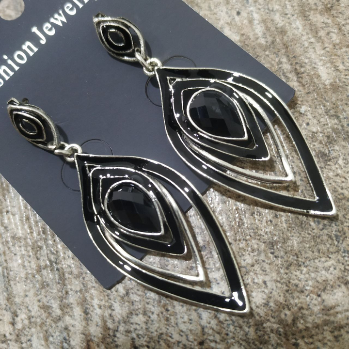 Серьги на англ.заст Bohemia Листик кристалл эмаль черная металл античный серебристый