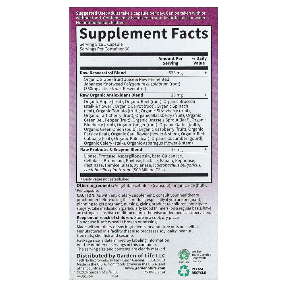 Garden of Life, RAW Resveratrol, 350 мг, 60 веганских капсул