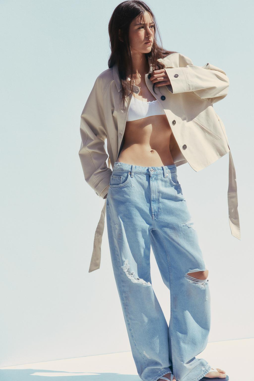 ZARA ДЖИНСЫ СО СРЕДНЕЙ ПОСАДКОЙ И РАЗРЕЗАМИ TRF BAGGY, ГОЛУБОЙ