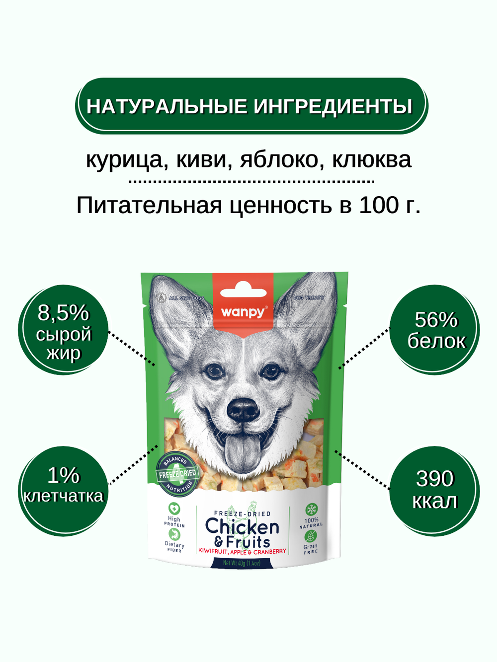 Wanpy Dog Сублимированное лакомство для собак "Курица и фрукты" 40 г