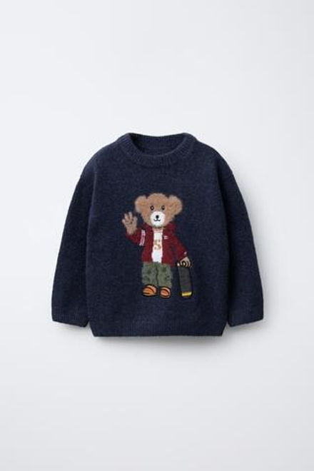 ZARA СВИТЕР С УЗОРОМ «МЕДВЕДЬ НА СКЕЙТЕ», СИНИЙ МЕЛАНЖ