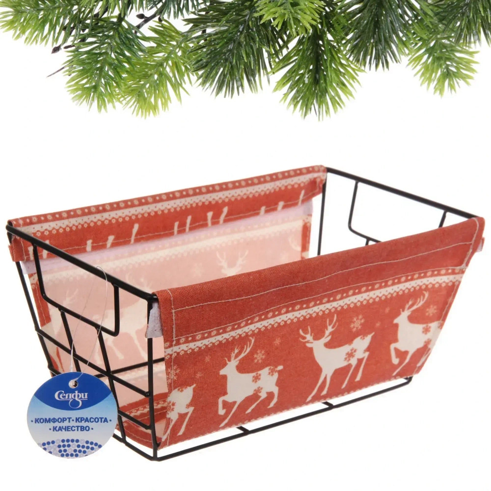 Корзинка металлическая для хранения «ИДЕЯДОМА», принт новогодний, цвет красный, 25*15*12см (лейбл Селфи)