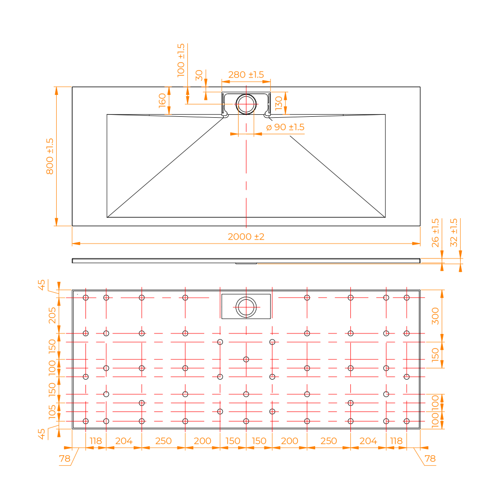 Душевой поддон прямоугольный RGW TKS-W Белый (800x2000)