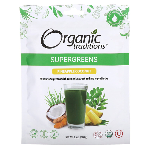 Organic Traditions, Supergreens, ананас и кокос, 100 г (3,5 унции)
