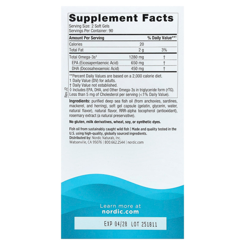 Nordic Naturals, Ultimate Omega®, омега-3 кислоты, со вкусом лимона, 180 капсул (640 мг в 1 капсуле)